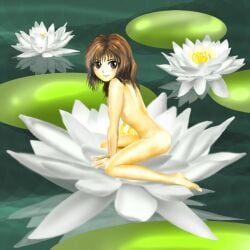 arm_support black_hair blush_stickers breasts completely_nude female flower from_side kams lily_pad looking_at_viewer lotus nipples nude short_hair small_breasts smile spread_legs touhou usami_renko white_lotus zun_(style)
