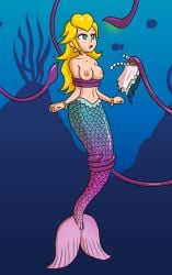 1girls bare_breasts blonde_hair dazed expressionless female femsub fish_girl glowing hypnosis large_breasts mermaid mermaid_peach midriff mythkaz nintendo nude princess_peach princess_peach_showtime simple_background super_mario_bros. tail tentacle topless underwater undressing