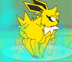 4_legs aftonjorge ambiguous_gender ass big_butt bloated eeveelution electricity fart fart_cloud fart_fetish farting_electricity feral fur generation_1_pokemon jolteon nintendo pawpads pixelated_background pokemon pokemon_(species) rumbling_stomach solo standing yellow_body yellow_fur