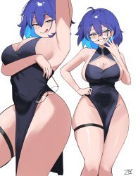1girls arm_behind_head big_breasts black_dress blue_eyes blue_hair blush breasts china_dress chinese_clothes cleavage dress female female_only glasses heart huge_breasts large_breasts licking_lips looking_at_viewer meru_(twt_zet) multicolored_hair multiple_views original pelvic_curtain short_hair sleeveless sleeveless_dress smile symbol-shaped_pupils thigh_strap tongue tongue_out zet_(twt_zet)