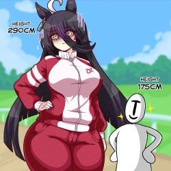 1boy 1girls big_breasts bigger_female black_hair black_hair_female breasts female female_focus giantess height_difference larger_female manhattan_cafe_(umamusume) mini_giantess seireiart size_difference trainer_(umamusume) umamusume umamusume_pretty_derby