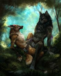 anatomically_correct animal_genitalia animal_vulva anonymous_artist anthro biped canid canine canine_genitalia canine_vulva canis duo female female/female flat_chested flower_on_head forest fur genitals grey_body grey_fur hi_res hiona interspecies jewelry mammal maned_wolf meinir_(runapup) neck_tuft necklace outside plant sex tree tribadism tribal tribal_clothing tribal_jewelry tuft vaginal_penetration wolf