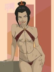 avatar:_the_last_airbender avatar_legends avatar_the_last_airbender azula bikini black_hair clitoris_piercing contrapposto cowboy_shot female female_pubic_hair grin highres linked_piercing nipple_piercing piercing pubic_hair pussy_piercing red_bikini red_lips see-through_bikini see-through_clothes sidelocks sling_bikini_top smile solo swimsuit topknot undrsydr yellow_eyes