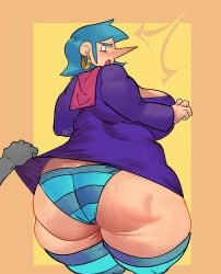 angry blue_hair giant_ass hoop_earrings large_ass large_breasts miriam_(wandersong) mrxharlequinn pointy_nose shocked skirt_lift upskirt wandersong witch