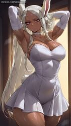 ai_generated animal_ears armpits arms_behind_head arms_up bangs boku_no_hero_academia breasts choker cleavage closed_mouth collarbone covered_navel dandanhub dark-skinned_female dark_skin dress elbow_gloves female female_only gloves large_breasts long_eyelashes long_hair looking_at_viewer mirko miruko my_hero_academia parted_bangs patreon_username rabbit_ears rabbit_girl rabbit_tail red_eyes rumi_usagiyama short_dress solo strapless strapless_dress sweat tail thick_thighs thighs usagiyama_rumi very_long_hair white_choker white_dress white_gloves white_hair