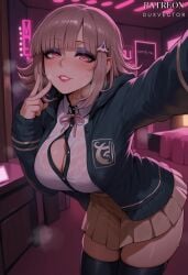 ai_generated artist_name bangs bed bedroom black_jacket black_legwear black_shirt black_thighhighs blunt_bangs blush breasts brown_hair brown_skirt button_gap cleavage clothing collared_shirt cowboy_shot danganronpa danganronpa_(series) danganronpa_2:_goodbye_despair dress_shirt duxvector eyeshadow female flipped_hair galaga green_jacket grin hair_ornament hairclip hand_up hood hooded_jacket indoors jacket large_breasts leaning_forward legwear long_sleeves looking_at_viewer makeup medium_hair miniskirt nanami_chiaki neck_ribbon open_clothes open_jacket parted_lips partially_unbuttoned patreon_username pink_eyes pink_ribbon pleated_skirt ribbon shirt shirt_tucked_in skindentation skirt smile solo sweat teeth thighhighs thighs v wet wet_clothes wet_shirt white_shirt zettai_ryouiki