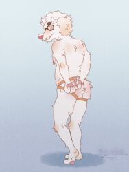 aged_up anthro ass big_nose bird_dog blue_background blue_eyes butt_tuft canid canine canis chin_tuft clothing digital_media_(artwork) digital_painting_(artwork) domestic_dog eyebrows eyewear facial_hair facial_tuft fur glasses gold_piercing golden_retriever gradient_background hair hi_res holding_finger hunting_dog jockstrap looking_back looking_down male mammal mature_male mouselect moustache navel nipple_piercing nipples otto_(mouselect) painting_(artwork) pawpads paws piercing pink_nose rear_view retriever simple_background slightly_chubby small_tail smile smirk solo standing tail tan_body tan_fur thick_eyebrows tuft tuft_ears underwear white_body white_fur