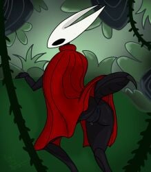 anthro ass black_skin bug_girl female frank_the_tank hollow_knight hollow_knight:_silksong hornet_(hollow_knight) masked_female presenting red_cloak tail vagina wet_pussy