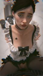 3d brown_hair choker clothed clothed_male clothing dark-skinned_male dark_skin ellie_(the_last_of_us) ellie_williams female interracial interracial_sex light-skinned_female light_skin looking_at_viewer maid maid_headdress maid_uniform male naughty_dog pov pov_eye_contact pov_male qos qos_tattoo queen_of_spades stockings suit table table_sex taikakettu the_last_of_us the_last_of_us_2 unseen_male_face vaginal_penetration