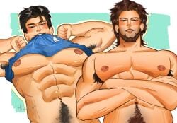 2boys armpit_hair armpits bara big_breasts blizzard_entertainment emre emre_(overwatch) flexing hi_oriart male_focus male_only male_pov muscles muscular_male overwatch overwatch_2 pov_eye_contact pov_male wuyang yaoi