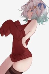 1girls alternate_outfit ass backless_outfit backless_sweater bare_back densetsu.exe female gradient_hair long_sleeves looking_at_viewer medium_breasts mint_fantome multicolored_hair red_sweater shiny_skin short_hair simple_background single_thighhigh sleeves_past_fingers sleeves_past_wrists solo sweater thighhighs two_side_up uve virgin_killer_sweater virtual_youtuber vtuber wavy_hair white_hair