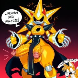 ai_generated android anthro balls big_balls big_penis canid canine clothing dialogue duo english_text erection femboy foreskin fox gay gay_male genitals glans hellsonger hi_res homosexual homosexual_male huge_cock humanoid_genitalia humanoid_penis machine male male/male male_only male_penetrating mammal metal_sonic neo_metal_sonic penis pink_glans robot sega simple_background sonic_(series) sonic_the_hedgehog_(series) speech_bubble spikes super_neo_metal_sonic tails tails_the_fox text vein veiny_penis yellow_body
