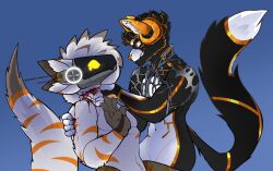 absurd_res akkoi anthro black_body black_fur blood blood_from_wound blush bodily_fluids claws dipstick_tail duo ebboskating felid feline forced fur gloves_(marking) golden_claws golden_markings goldycat hi_res horn machine male male/male mammal markings multicolored_tail orange_markings protogen protogen_visor raised_hand rust scratches scratching shaded simple_background simple_shading slit_throat smile smiling_at_another snuff tail tail_markings white_body white_fur worried_look wounded yellow_horn