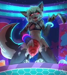 absurd_res alcohol alexander_moonflower anthro beverage blush bodily_fluids bottomless canid canid_demon canine canis claws clothed clothing demon drunk fishnet_clothing fishnet_topwear fur genitals grey_body grey_fur hair hellaverse hellhound helluva_boss hi_res knot male mammal musk musk_cloud mythological_canine mythological_creature mythology party penis presenting presenting_penis public public_exposure rave red_sclera solo substance_intoxication sweat topwear underwear white_body white_fur white_hair wolf
