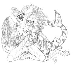 2011 avian breasts female fingering from_behind furry goldenfox grope gryphon hybrid marine masturbation nude one_closed_eyes pussy sex shark sketch vaginal_penetration wings yuri