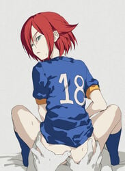 beige_skin bottomless clothes_writing clothing_writing cowgirl_position inazuma_eleven inazuma_eleven_(series) kaimuari kiyama_hiroto looking_back red_hair reverse_cowgirl_position scowl sex short_hair straddle sweat yaoi