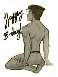 1boy back_muscles back_view bayfuzzball7050 english_text gay gift_art happy_birthday invincible invincible_(comics) invincible_(tv_series) jockstrap male male_only mark_grayson monochrome no_genitals_shown shy_male sitting