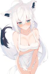 absurdres ahoge animal_ear_fluff animal_ear_piercing animal_ears apron bare_shoulders blush braid breasts cleavage collarbone commentary_request covering_crotch covering_privates crossed_bangs embarrassed female fox_ears fox_girl fox_tail green_eyes hair_between_eyes highres hololive large_breasts long_hair naked_apron natsuki_(natsu_1936) pentagram shirakami_fubuki sideboob sidelocks simple_background single_braid solo sweatdrop tail virtual_youtuber white_apron white_background white_hair