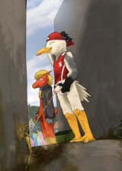 absurd_res alley anthro avian backwards_baseball_cap backwards_hat balls baseball_cap bird blaziken bodily_fluids bottomless bottomless_anthro clothed clothing duo ember_(blazikem) exhibitionism eyewear festival fluffy_balls foreskin generation_3_pokemon genital_fluids genitals gulf_(blazikem) gull hat headgear headwear herring_gull hi_res hoodie humanoid_genitalia lari larid looking_at_another male nintendo onomatopoeia partially_retracted_foreskin peeing peeing_on_ground peeing_on_wall peeking_penis peeping penis pokemon pokemon_(species) pride_color_flag rvtt sound_effects text topwear urine urine_on_ground urine_stain
