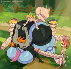 1girls 4boys ass big_ass big_balls big_breasts big_penis black_body blonde_hair blue_body breasts elf elf_male forest forest_background four_swords gigantic_balls gigantic_breasts gigantic_penis huge_ass huge_balls huge_breasts huge_cock hyper hyper_ass hyper_balls hyper_breasts hyper_penis imp imp_midna link midna nintendo orange_hair outdoors penis perching_position quartet sex sex_from_behind size_difference the_legend_of_zelda vaginal_penetration yellow_hair