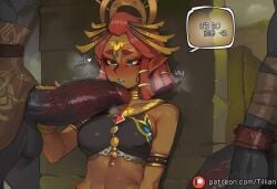 1boy ai_generated animal_penis armlet bare_shoulders blue_lips blush bracelet breasts circlet colored_skin crop_top crossover dark-skinned_female dark_skin english_text erection female genshin_impact gerudo green_eyes hair_ornament hair_pulled_back height_difference hilichurls_(species) huge_cock jewelry large_penis large_testicles lipstick makeup medium_breasts monster multiple_boys muscular neck_ring nose_blush penis penis_awe pointy_ears red_hair riju shiny solo_focus speech_bubble straight tears_of_the_kingdom testicles the_legend_of_zelda thick_eyebrows tillian uncensored veins veiny_penis