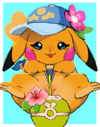 2026 anthro blue_eyes clothing clothing_pull coconut drinking_straw drupe_(fruit) eyelashes female flower flower_accessory food fruit game_freak generation_1_pokemon genitals hat headgear headwear hgndn_aaeo looking_at_viewer ms._wavychu namipika-chan nintendo orange_body panties panty_pull pikachu plant pokemon pokemon_(species) pokemon_ww semi-anthro simple_background solo spread_legs spreading tail tongue tongue_out underwear underwear_pull vulva white_border