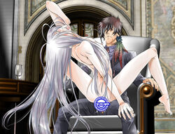 2boys amputee anal censored chair clothed_male_nude_male feathers formal gay in_lap katekyo_hitman_reborn! laughing_man long_hair male male_only novelty_censor piercing scar sex spread_legs suit superbi_squalo unzipped xanxus yaoi