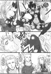 2d 2girls balthier bunny_ears cameltoe comic dialogue english_text female final_fantasy final_fantasy_xii fran_(ffxii) helmet high_heels human human_female humanoid kemonomimi male mizuryuu_kei panties penelo pussy see-through see-through_clothing speech_bubble straight text translated vaan video_games viera