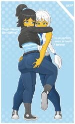 2girls admiring admiring_ass ass big_ass black_hair black_vest commission dialogue english_text grabbing_ass grabbing_from_behind hugging jeans lego ninjago nya_(ninjago) oc ponytail sesp the_lego_ninjago_movie touching_ass yumeshipping yuri