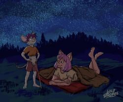 anthro balls barefoot bodily_fluids casual_urination cleo_strokes domestic_cat duo feet felid feline felis female fur furry genital_fluids genitals looking_at_genitalia looking_at_penis male male/female mammal milky_way mouse murid murine navel night outdoor_nudity outside peeing penis rodent sky star stargazing starry_sky urine urine_stream wild_strokes zack_wild
