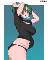 1girls ass bangs black_panties black_shirt blush breasts cuddlephish0 female female_only fire_emblem fire_emblem:_the_blazing_blade fire_emblem_heroes gradient_background green_eyes green_hair large_breasts long_hair looking_at_viewer lyn_(fire_emblem) nintendo open_mouth panties ponytail shirt solo t-shirt twitter_username underwear