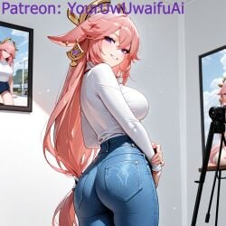 1girls ai_generated bangs bangs_between_eyes bangs_over_eyes big_ass big_breasts camera clothed clothing female female_focus female_only genshin_impact hair hair_between_eyes hair_ornament hoyoverse huge_breasts jeans long_sleeves pants pink_hair pose posing purple_eyes small_waist smile smile_at_viewer smiling smiling_at_viewer tight_clothing yae_miko youruwuwaifuai