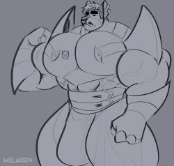 2023 absurd_res anthro armor artist_name barazoku belt big_bulge big_muscles big_pecs bulge canid canine clothed clothed_anthro clothed_male clothing digital_drawing_(artwork) digital_media_(artwork) ear_piercing english_description eyebrows flexing flexing_bicep greyscale hair hero's_heart hi_res huge_bulge huge_muscles huge_pecs kurt_(hero's_heart) light_smile male mammal melaisen monochrome mouth_closed muscular pecs piercing solo standing text