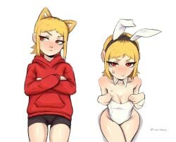 1girls above_view blonde_hair bunny_ears bunnysuit cat_ears chainsaw_man cute female female_only fringe kirtome light-skinned_female looking_at_viewer medium_hair petite petplay red_eyes roleplay sawatari_akane seductive_eyes seductive_look short_hair skinny slim slit_pupils small_breast small_fringe teenager young