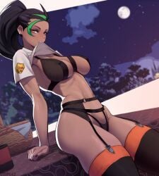 1girls aged_up arm_support basket black_hair black_thighhighs breasts clothes_lift coffee_cup covered_erect_nipples creatures_(company) cup dark-skinned_female dark_skin disposable_cup female freckles full_moon game_freak garter_belt garter_straps green_hair hair_pulled_back highres large_breasts lingerie looking_at_viewer moon mouth_hold multicolored_hair nemona_(pokemon) nintendo pokemon pokemon_sv school_uniform shirt shirt_lift sitting sky star_(sky) starry_sky stockings stopu streaked_hair table thighhighs thighs toned two-tone_hair underwear uva_academy_school_uniform white_shirt