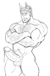 abs balls bara biceps big_balls big_penis boner cum erection male male_only monochrome muscular_male nude pecs penis solo solo_male werewolf wolfshirtart