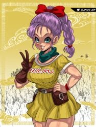 1girls belt belt_pouch blannis_art bow bulma_briefs busty curvy dragon_ball green_eyes hips holster light-skinned_female light_skin one_glove peace_sign ponytail purple_hair short_dress smile teenage_bulma twitter_username