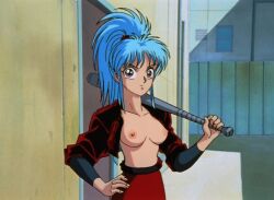 1girls ai_assisted ai_generated baseball_bat blue_hair botan breasts breasts_out casual_nudity casual_topless female female_only large_breasts leather_jacket long_hair nipples nonsexual_nudity nude_filter open_clothing open_jacket pale-skinned_female pale_skin shinigami shounen_jump solo topless topless_female yu_yu_hakusho