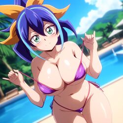 ai_generated artist_request bikini blue_hair female green_eyes huge_breasts looking_at_viewer navel ponytail pool ribbon serena_(yu-gi-oh!_arc-v) smile voluptuous yu-gi-oh! yu-gi-oh!_arc-v