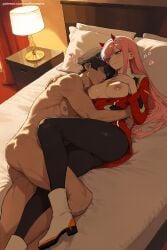 1boy 1girl ai_generated ass bangs black_hair black_legwear blush breasts breasts_outside couple darling_in_the_franxx eyebrows_visible_through_hair food green_eyes hairband heart hetero hi_res high_quality high_resolution hiro_(darling_in_the_franxx) horns long_hair long_sleeves lying military military_uniform nipples oni_horns pantyhose patreon penis pink_hair seductive sexy uncensored uniform watermark white_footwear white_hairband zero_two_(darling_in_the_franxx)