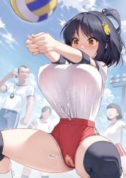 1boy 3girls accidental_exposure balloon breasts buruma censored gao-lukchup gao_(gaolukchup) gym_uniform large_breasts loogchoob_(gaolukchup) original outdoors pussy ripped_pants sports_uniform torn_clothes volleyball wardrobe_malfunction