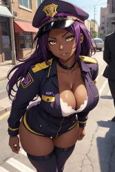 1girls ai_generated big_breasts bleach cleavage dark_skin ebony jinzo1993 police_hat police_uniform public purple_hair shihouin_yoruichi stockings thighhighs thighs yellow_eyes