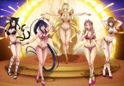 5girls akeno_himejima amenoosa black_hair blonde_hair brown_hair carnival_outfit cat_ears cat_tail fox_ears fox_girl fox_tail harem high_heels high_school_dxd huge_breasts kitsune kuroka_(high_school_dxd) large_breasts long_hair multiple_girls multiple_tails pink_hair roygun_belphegor tails venelana_gremory voluptuous yasaka_(high_school_dxd)