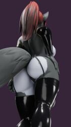 9:16 anthro anus backsack balls breasts canid canine canis clothing elise_(omniman907) fur garter_belt garter_straps genitals grey_body grey_fur gynomorph hair hand_on_hip hi_res intersex legwear low-angle_view mammal red_hair side_boob solo stockings tail wolf