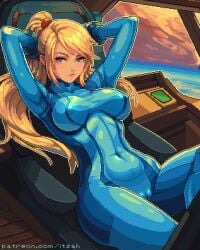 blonde_hair blue_eyes breasts cameltoe female female_only fully_clothed itzah metroid navel_visible_through_clothes nintendo nipples_visible_through_clothing pixel_art samus_aran skimpy_clothes skin_tight skindentation solo tight_clothing zero_suit zero_suit_samus