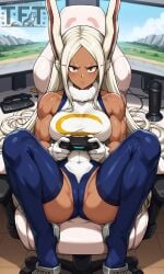 ai_assisted ai_generated dark-skinned_female gaming gaming_chair hero_outfit_(mha) legs_apart miruko my_hero_academia red_eyes rumi_usagiyama touchfluffytails