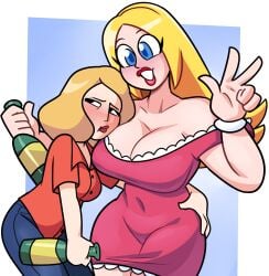 2girls american_dad beth_smith blonde_hair blue_eyes blush bottle busty cleavage curvy drinking female_only francine_smith fully_clothed grabbing_ass head_against_breast hips light_skin light_skinned_female milf rick_and_morty sfw size_difference superspoe