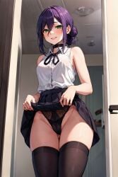 1girls ai_generated artist_request black_panties blush breasts chainsaw_man choker clothing female_focus female_only green_eyes hair_between_eyes panties purple_hair reze_(chainsaw_man) short_hair thick_thighs