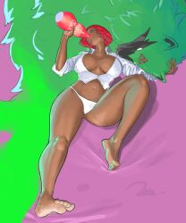 1girls big_breasts brazilian brazilian_female breasts dark-skinned_female drinking feet female giovanna_(guilty_gear) guilty_gear necrolepsy panties rei_(guilty_gear) tan tan_body tan_skin thick_thighs thighs