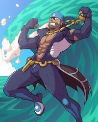 abs archie_(pokemon) biceps bulge dark-skinned_male dark_skin flaccid male male_only melanin muscles muscular muscular_male ocean open_shirt pecs pokemon pokemon_oras risk_nation solo solo_male team_aqua villain water waves